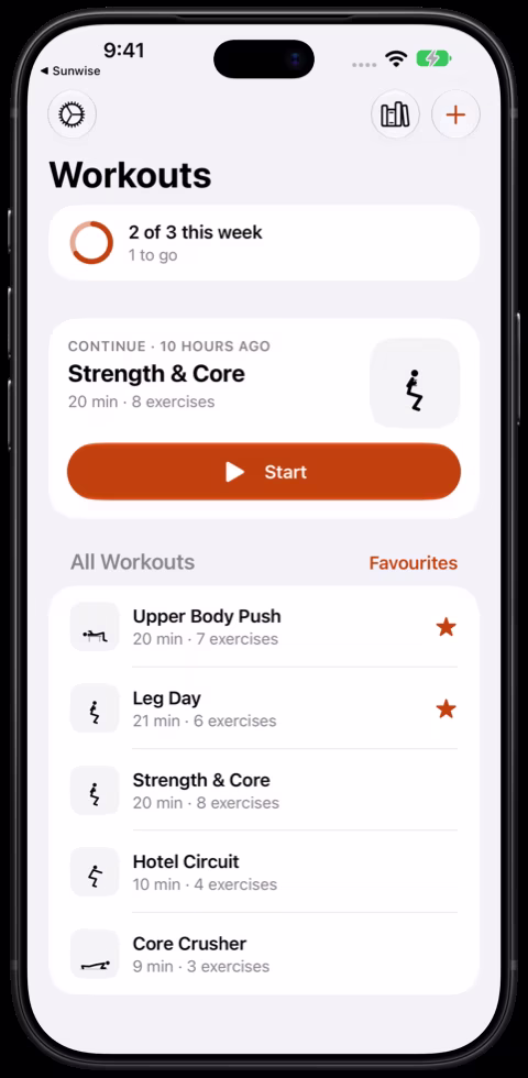 Not Another Workout App on iPhone: Saved workouts