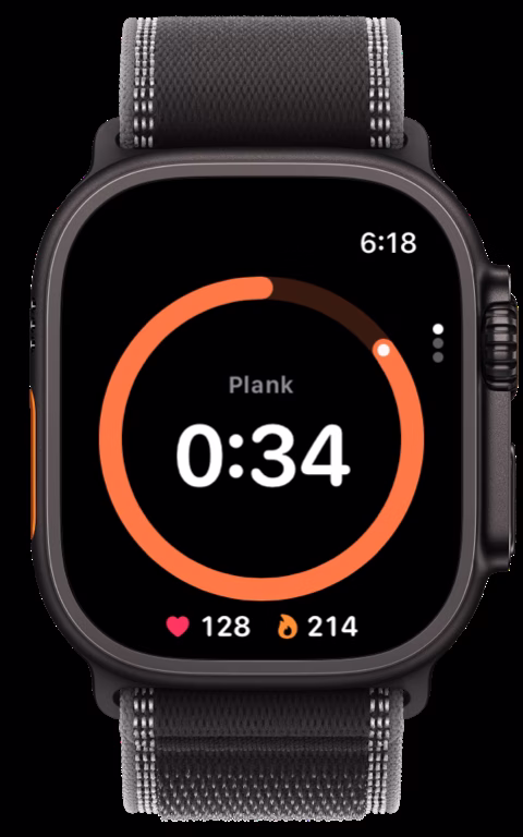 A plank on Apple Watch: a countdown ring with 34 seconds left, heart rate and calories.